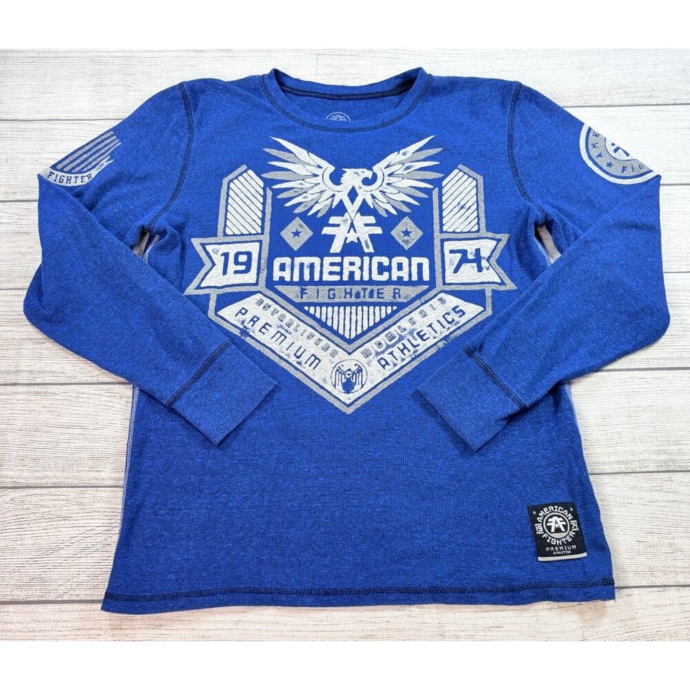 American Fighter Mens Graphic Crew Neck Thermal Long Sleeve Shirt Blue Size M